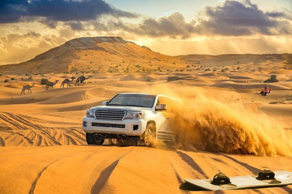 Evening Desert Safari Dubai With Buffet, Dune Bashing, Camel Riding