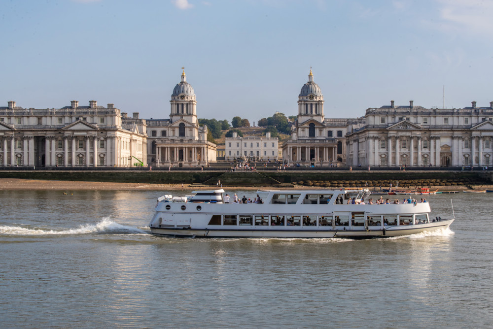 River boat travelling past Greenwich on the Thames