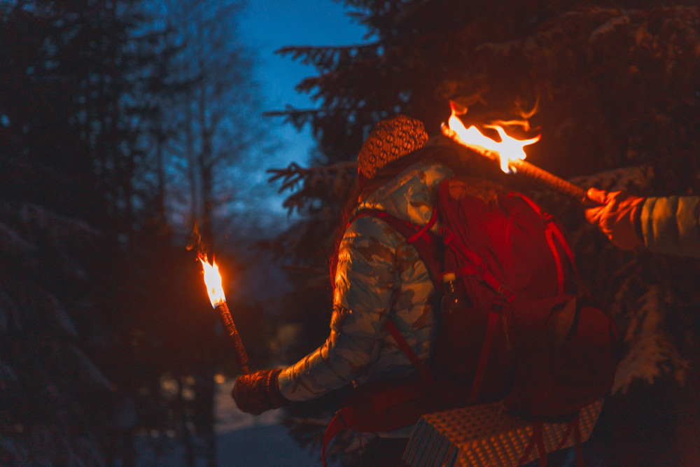 Private Winter Forest Walk & Campfire by Torchlight