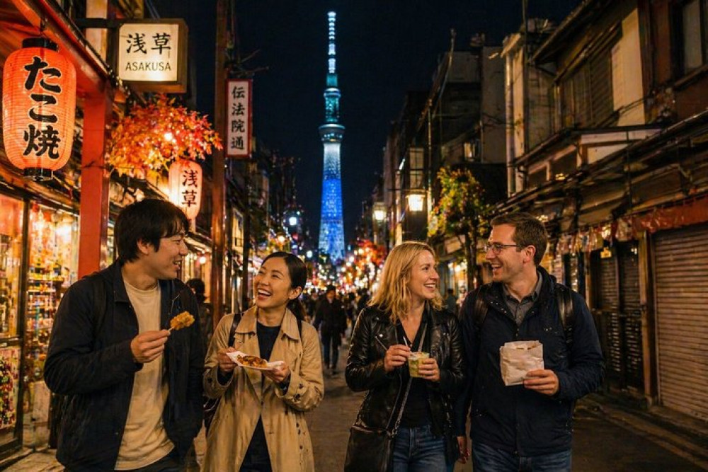 Asakusa Evening Food Tour with 12 Dishes, 3 Drinks & Sake Bar Experience