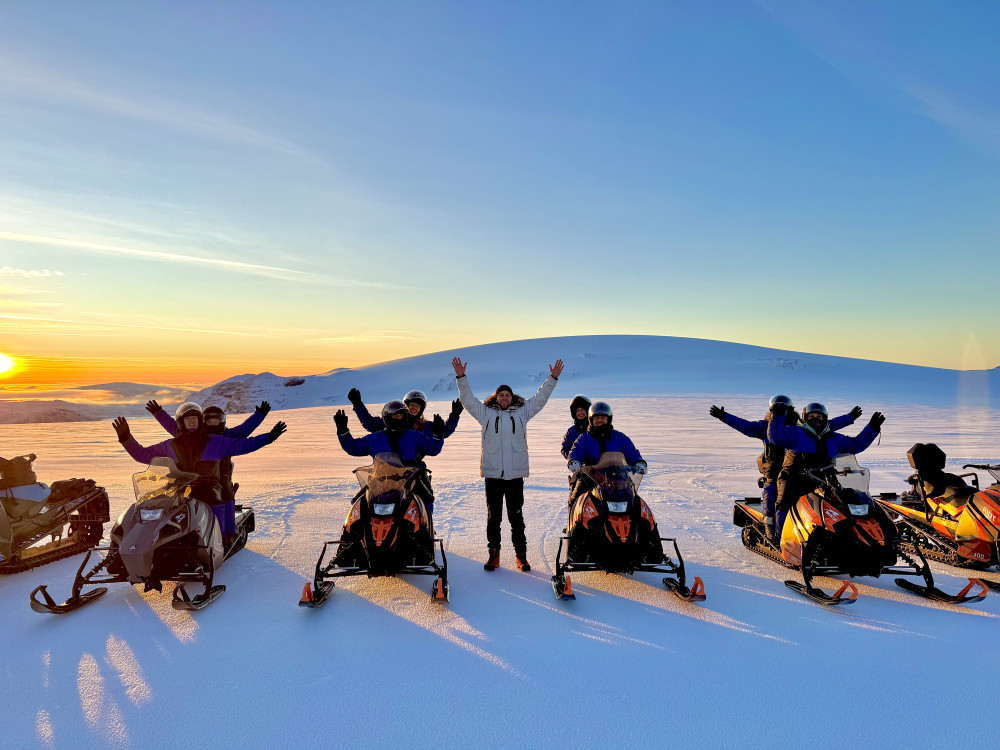 Group Snowmobiling on Langjökull Glacier