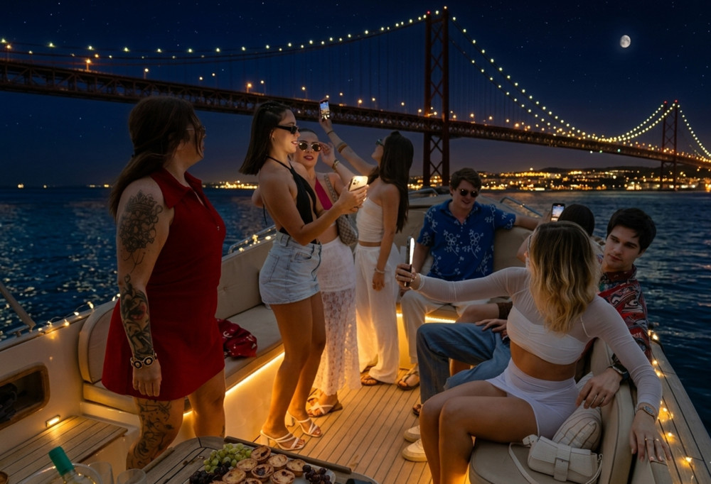 Lisbon: Night Cozy Boat Cruise with an Open Bar & Pizza
